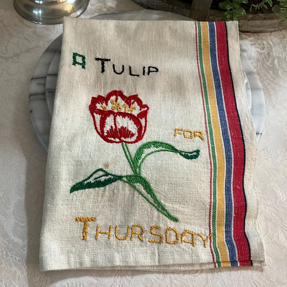 Vintage embroidered tea towel kitchen towel A Tulip for Thursday